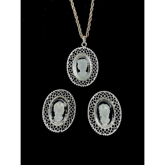 Whiting & Davis Cameo Demi Parure Vintage Necklace and Clip On Earring Set - Picture 1 of 7
